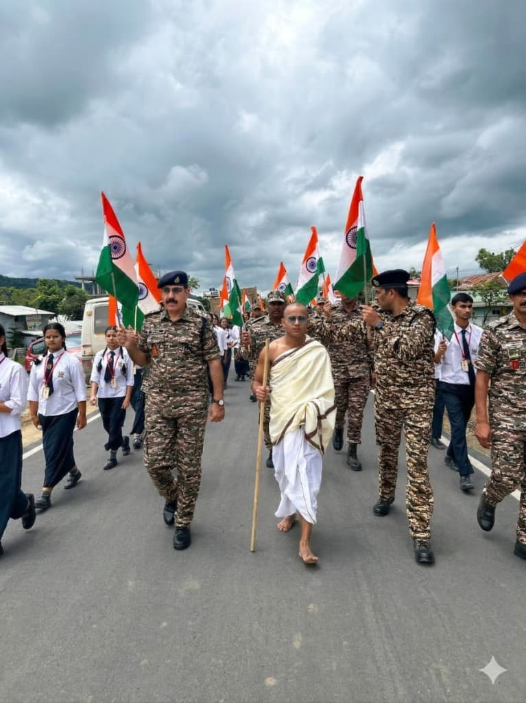 Students participating in a patriotic march with flags